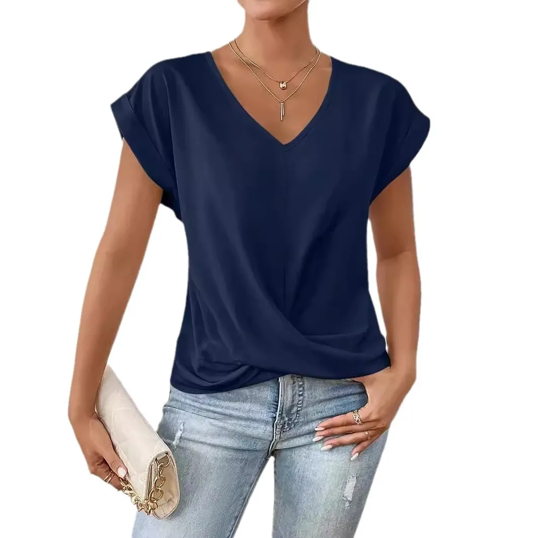 2024 New Spring and Autumn Women\'s Fashion Style Casual Solid Color V-neck T-shirt Elegant Short sleeved Top