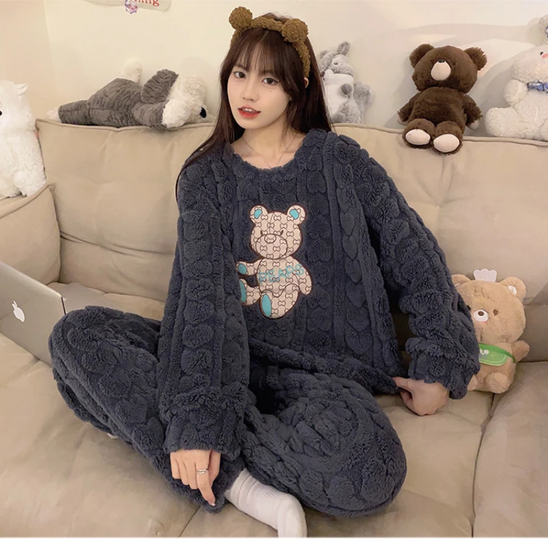 Plus Size Women\'s Cute Fluffy Pajama Set Soft Winter Warm Plush Long Sleeve Sleepwear Fuzzy Cozy Pjs Can Wear Outside Loungewear