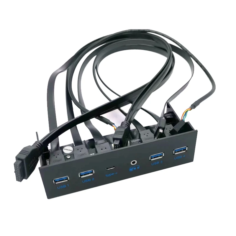 5.25Inch Chassis Front Bar Panel USB Hub with 4×USB3.0 Ports + 1×Type-c Port + 1×HD Audio Port 19Pin Extension Front Panel