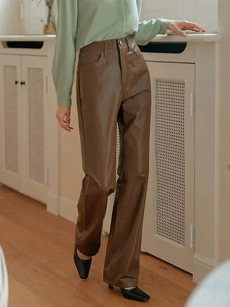 

Женские брюки из искусственной кожи, прямые, зауженные, осенне-зимние, универсальные, в стиле ретро, с высокой талией, повседневные, модные, прямого кроя