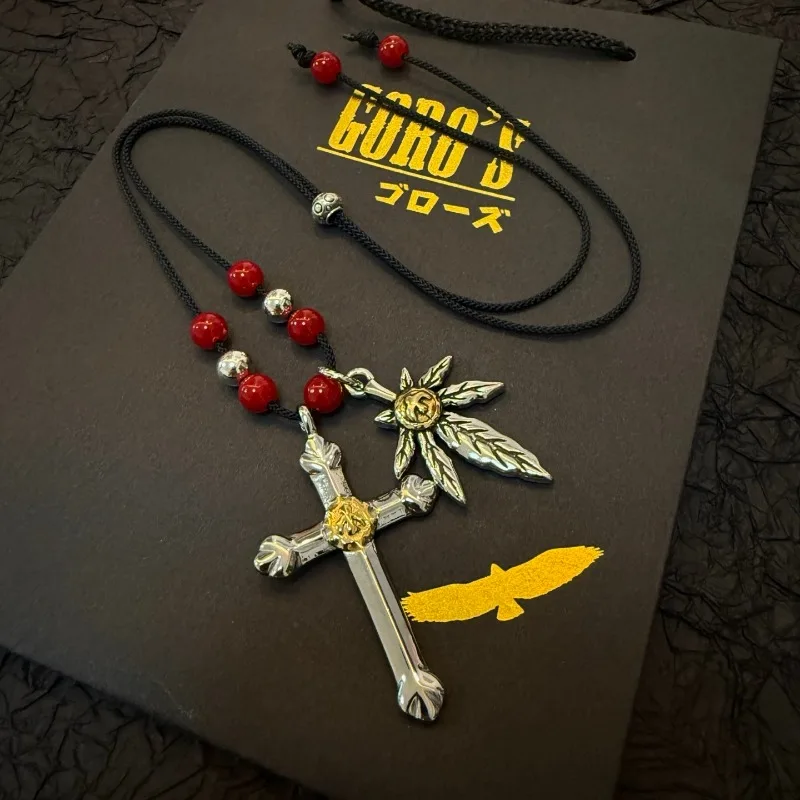 

Japan Tide Takahashi Goros Vintage Cross Maple Leaf Pendant Classic Glass Bead Rope Necklace Fashion Couple Rock Punk Versatile