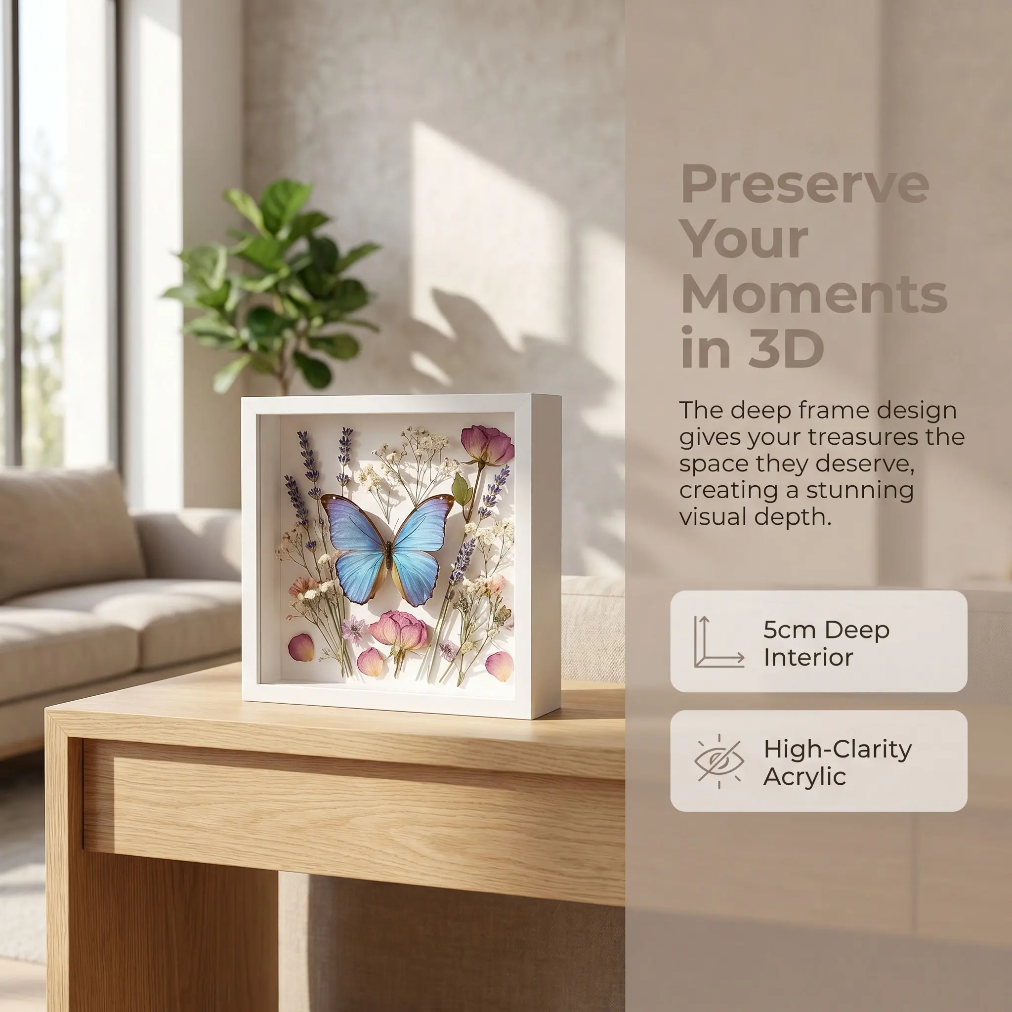 Wooden Shadow Box Frame 9.5x9.5 Inch Clear Glass Panel Specimen Shadow Box Display Case 3D Picture Frame for Dried Flowers