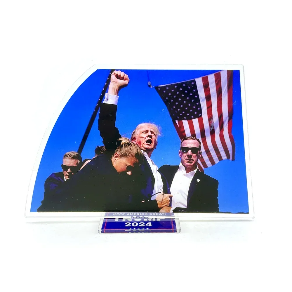 Trump Pennsylvania shooting assassination issue photo fight election 2024 MAGA America with background acrylic stand figure