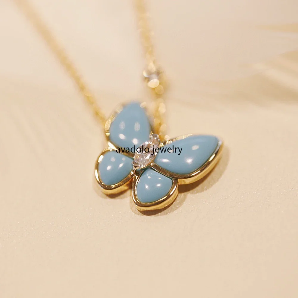 Luxury Brand 18K Gold Plating Glossy Earrings Natural Turquoise Butterfly Pendant Rings Necklace Set for Women Designer Jewelry