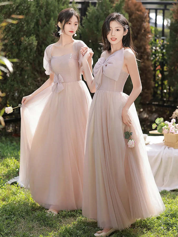 Elegante vestido de dama de honra feminino, doce laço, rosa, fino, longo, vestidos de noite, glamoroso, casamento, grupo irmãs, linha A, vestido de tule