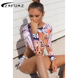 ZAFUAZ 2024 Sexy Long Sleeve Bikinis Set Women Swimsuit Sport Print Surfing  Bathing Suits Beachwear Brazilian Biquini Monokini