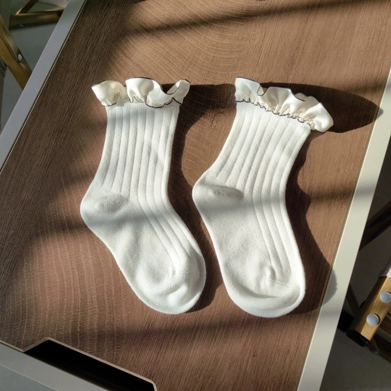 Meias de algodão para bebês, meias tubo para recém-nascidos com acabamento em renda, meias curtas com nervuras, aquecedores de pernas para meninas, primavera verão, infantil, princesa, espanhol