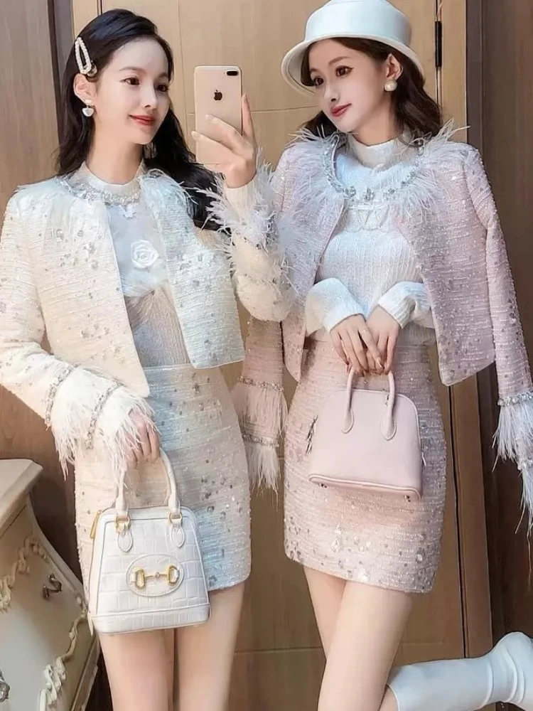2026 New Set Elegant Chic Socialite Light Luxury Heavy Craft Shimmer Fur Patchwork Long Sleeve Jacket Short Women Skirt Suit