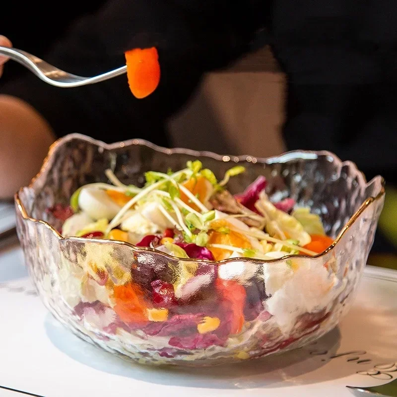 Hot 380/750/1450ml Salad Glass Bowl Gold Edge Fruit Candy Snack Foods Mixing Bowl Large Desktop Vegetable Salad Glass Container