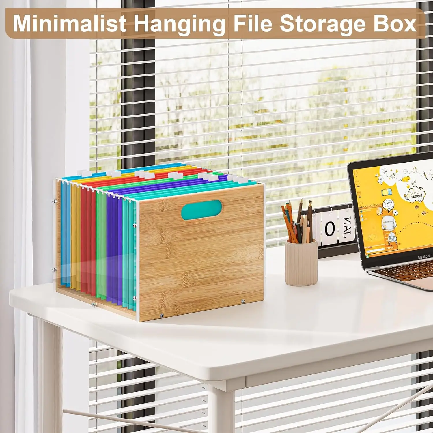Clear Acrylic and Bamboo Hanging File Organizer, Portable Storage Box for Letter Size Documents