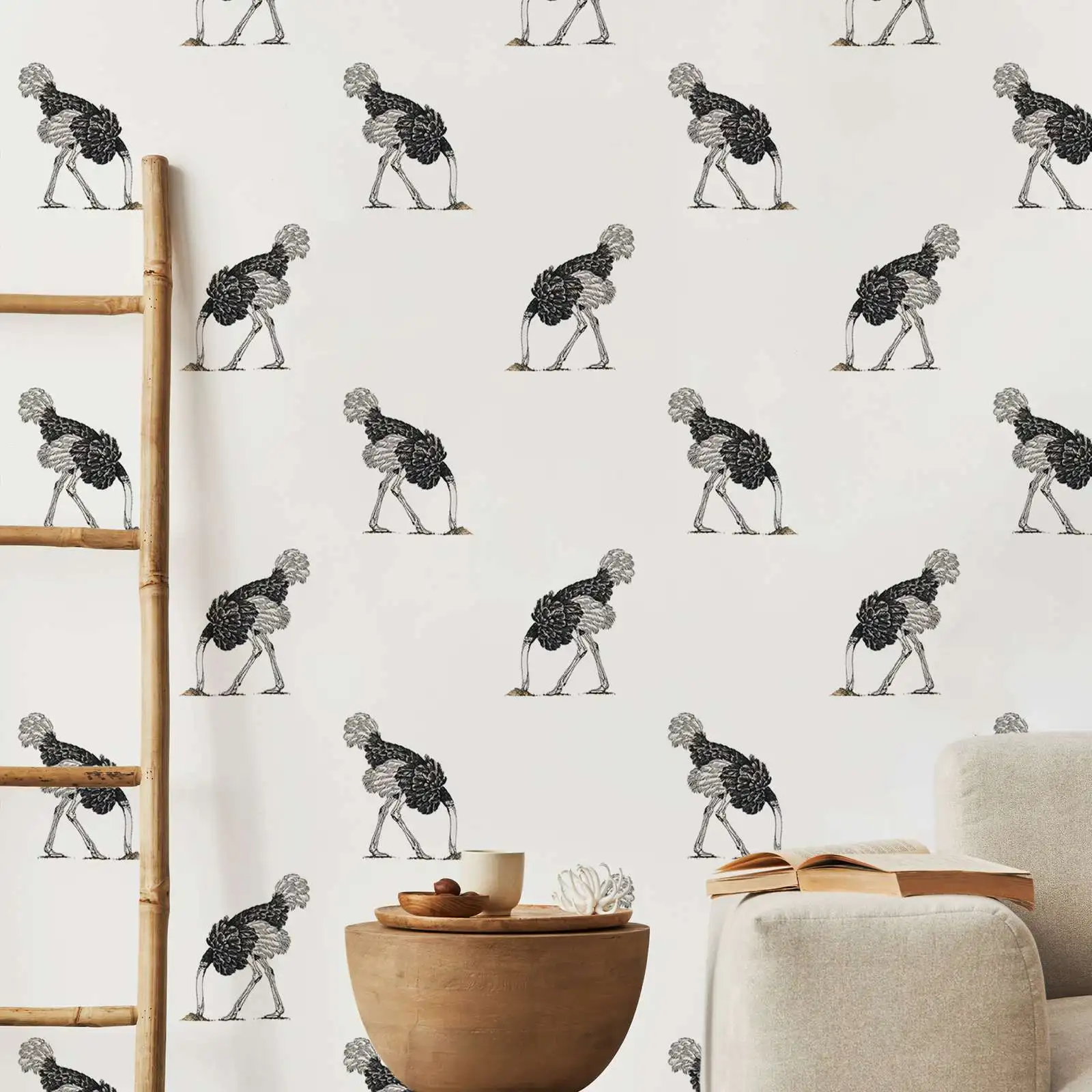 Cute Animal Wallpaper Peel and Stick,Black Ostrich Pattern In White Background Wall Papers,Home Decorations/Wall Art,Custom SIze