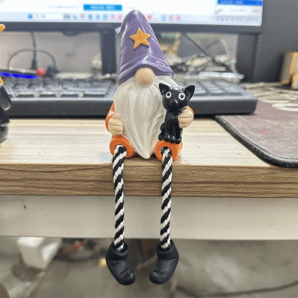 Hand-Painted Halloween Gnome Shelf Sitter Resin Pumpkin Crow Black Cat Gnome Figurine Striped Legs Spooky