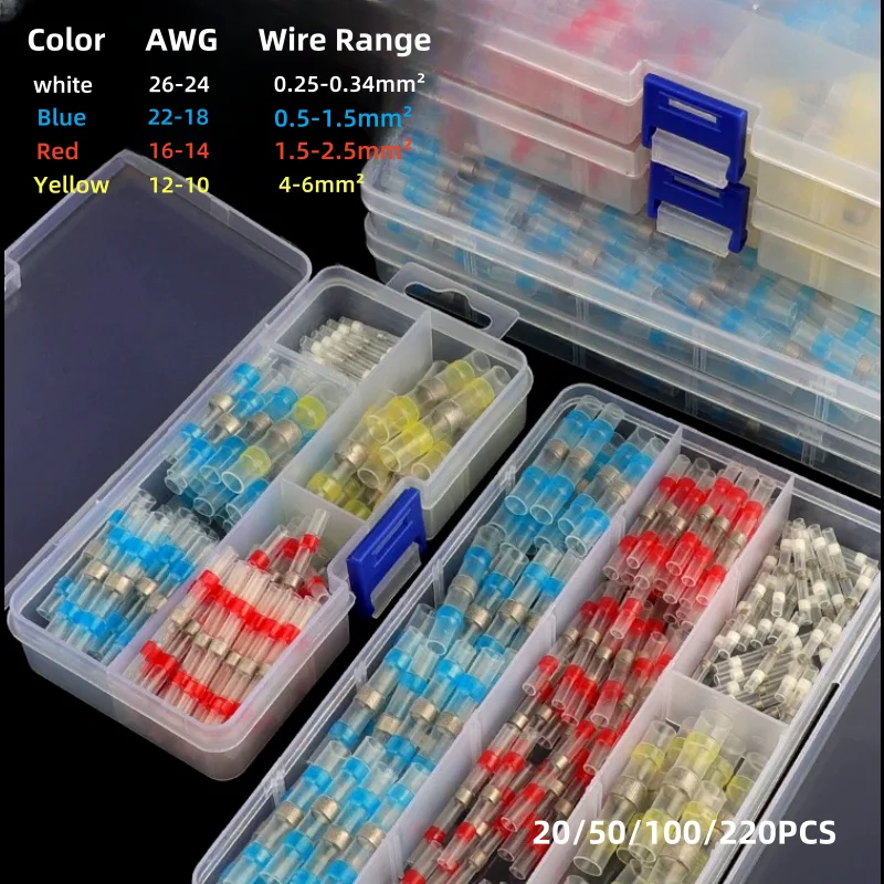 20~220Pcs Boxed Solder Seal Wire Connectors 3:1 Heat Shrink Insulated Electrical Wire Terminals Butt Splice Connector Waterproof