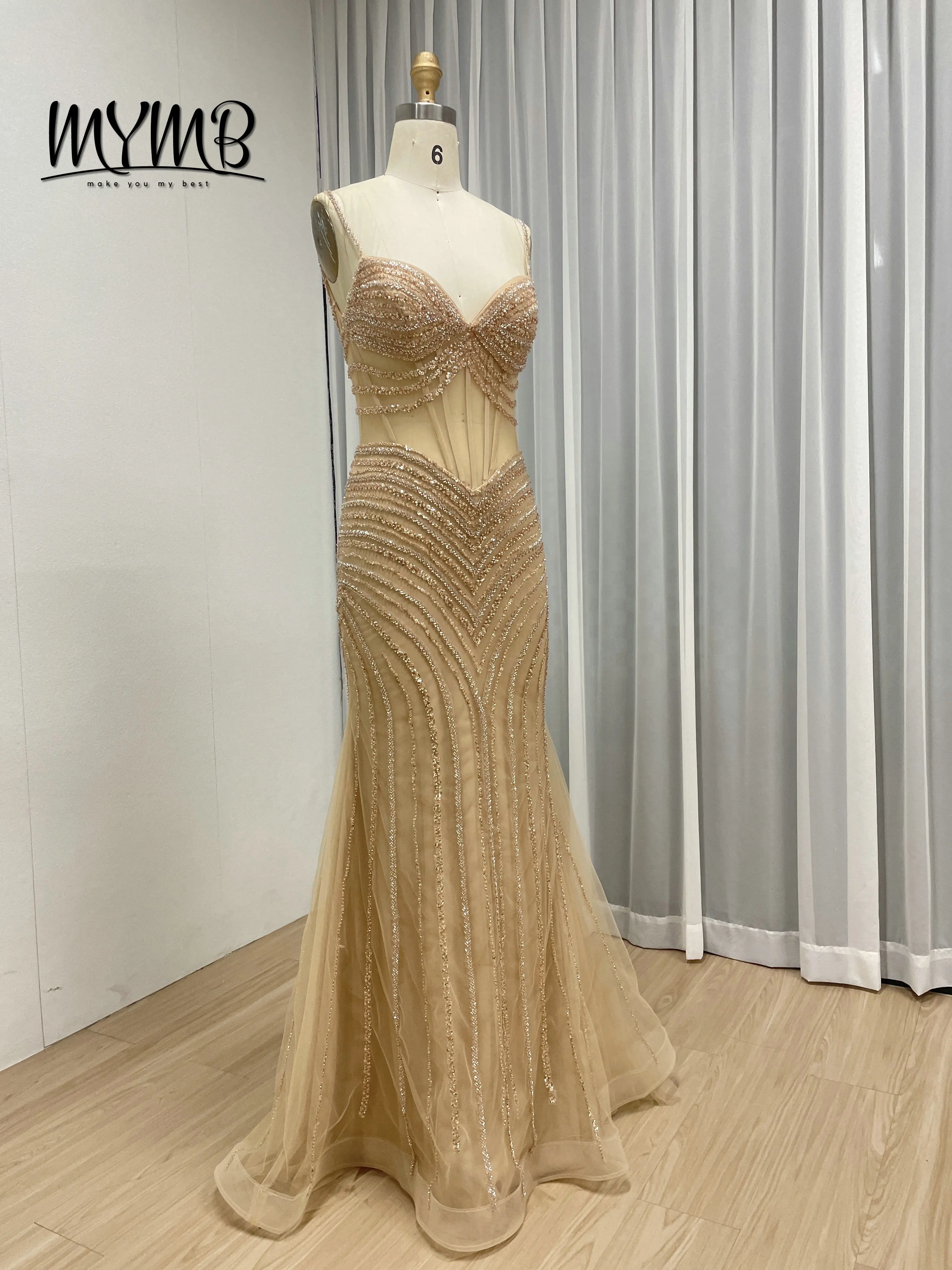 MYMB Sexy Sheer Waist Spaghetti Strap Golden Mermaid Prom Evening Gown With Sparkle Exquisite Beaded Embroidery Sequin MC20075B - view 5