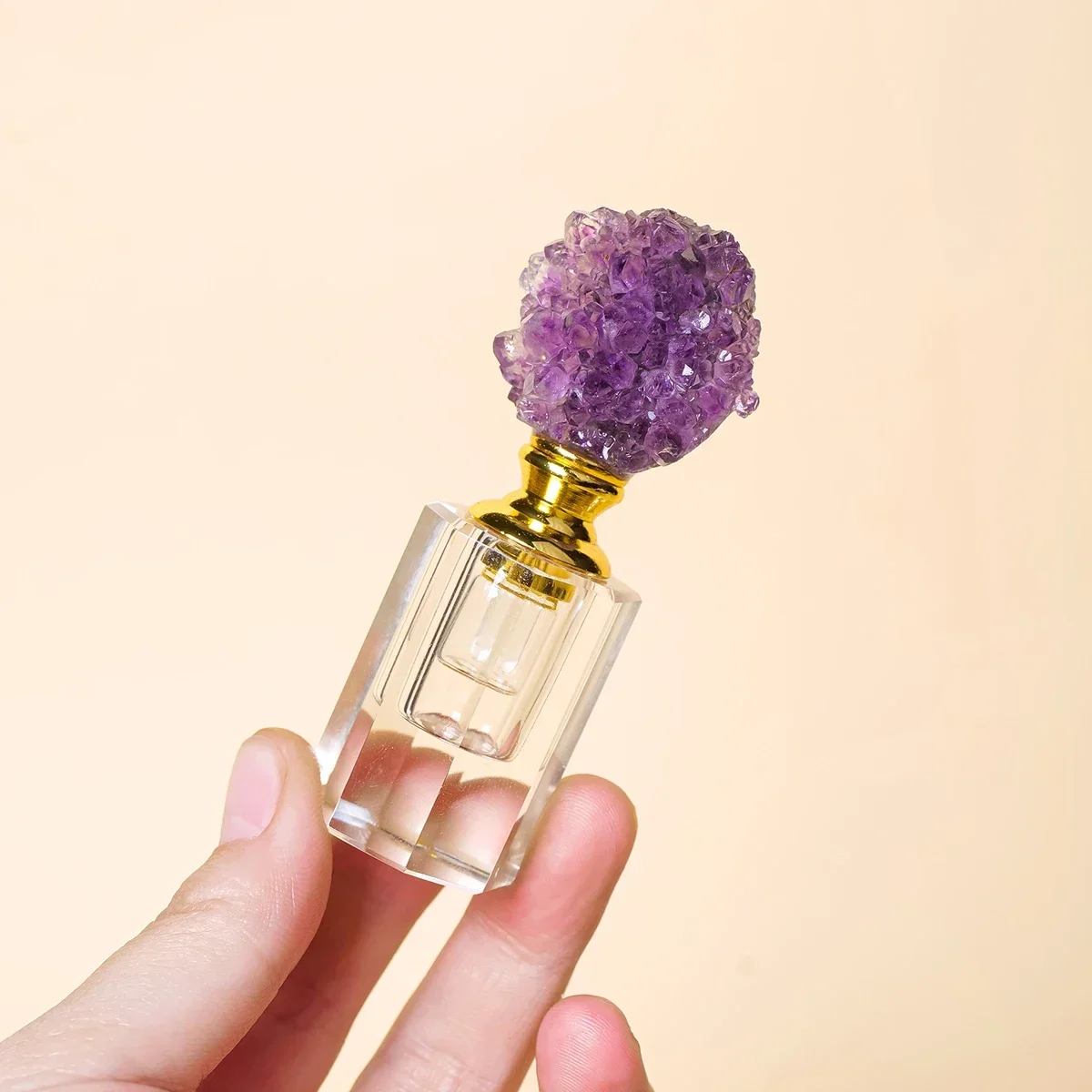 Bouteille d'huile essentielle en pierre de guérison, grappe d'améthyste en cristal naturel, flacon compte-gouttes de parfum vide et rechargeable, récipient cosmétique