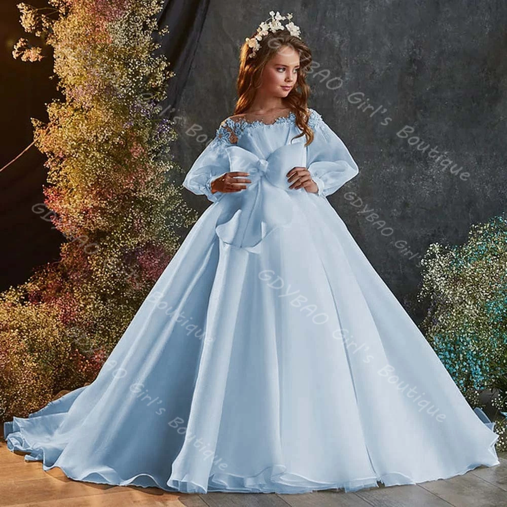 맞춤형 여자아이 첫 영성체 드레스 시스루 넥 풍선 소매 웨딩 플라워 걸 드레스 가슴 리본 키즈 파티 볼 가운