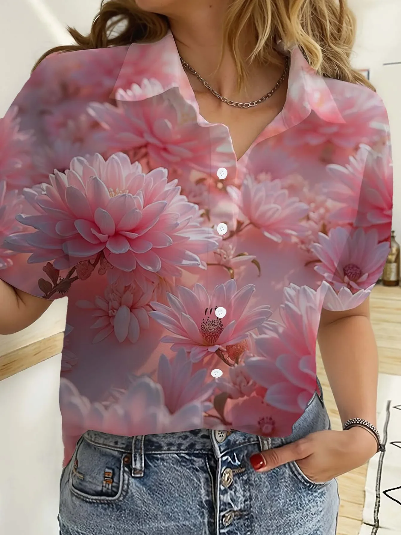 Camisas havaianas femininas manga curta botão floral rosa impresso topos casuais camisas de praia verão nova blusa de girassol topos femininos