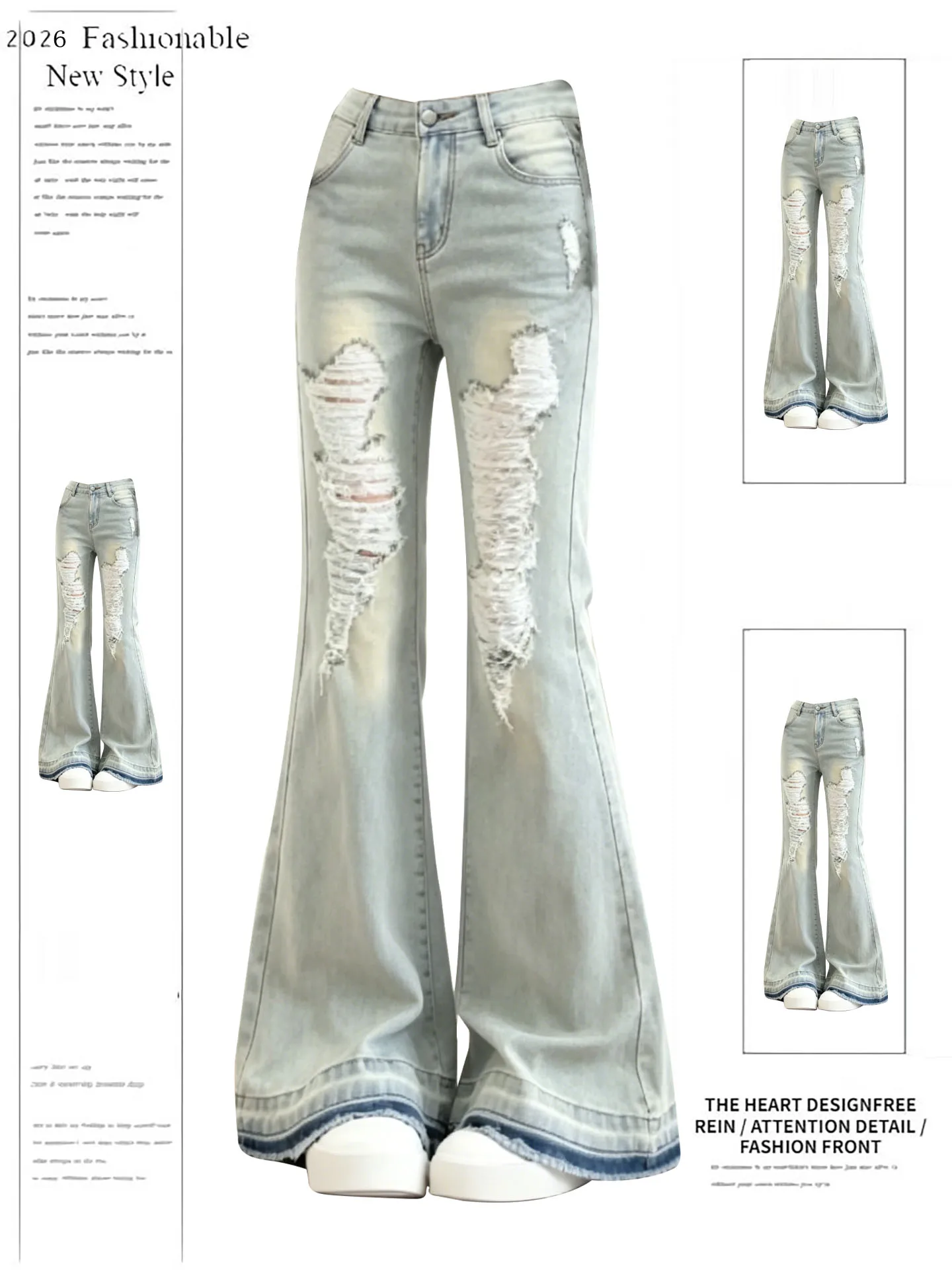 

High Waist Bell Bottom Denim Jeans Women's Style Spicy Girl Hole Design Slimming Leggings Retro Wash Casual Soft Denim