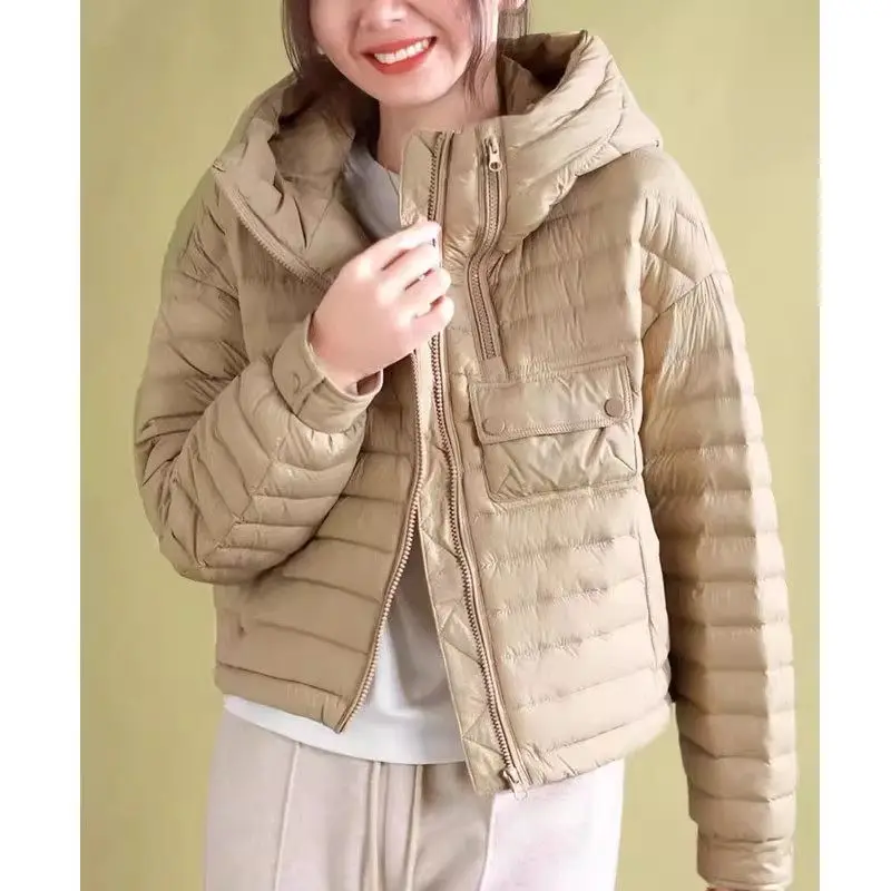 Hooded Zippered Short Down Cotton Coat Loose Women\'s Striped Solid Color Raglan Sleeves Casual Warm Jacket Outerwear Z3632