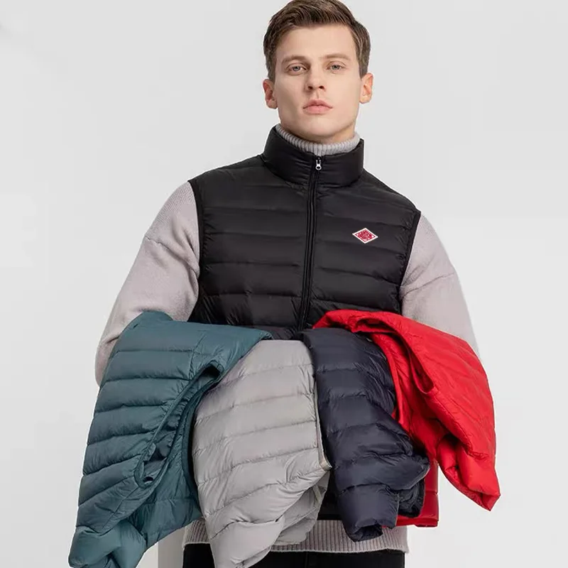 

Лидер продаж, японский корейский стиль, мужская и женская вышивка логотипа, молния, тонкая пуховая куртка без рукавов с капюшоном, теплая и ветрозащитная