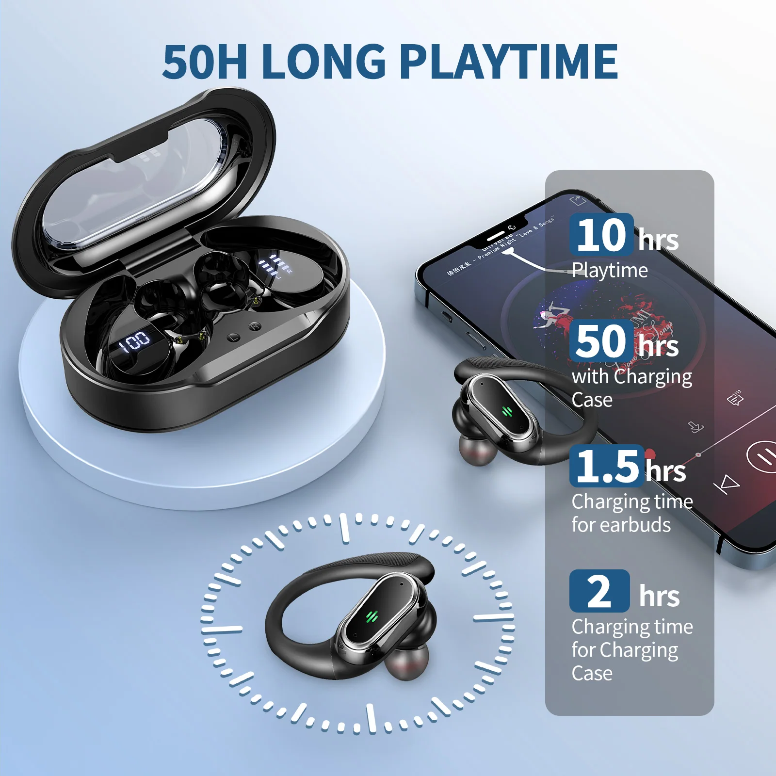 Wireless Earbuds, Bluetooth 5.3 Headphones Sports Headphones In Ear with ENC Noise Cancelling Mic, 50H Playback , LED Display.