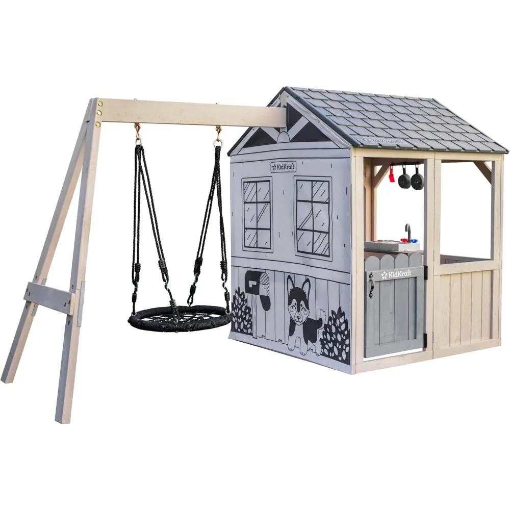 Swing Wooden Outdoor Playhouse with Web Swing and Play Kitchen Outdoor Toys