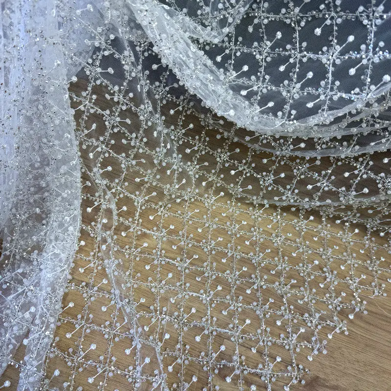 New Lace Embroidery with Crystal Sequins and Small Pearl for Heavy Duty Wedding Dresses and Gowns Fabric in Clothing Accessories