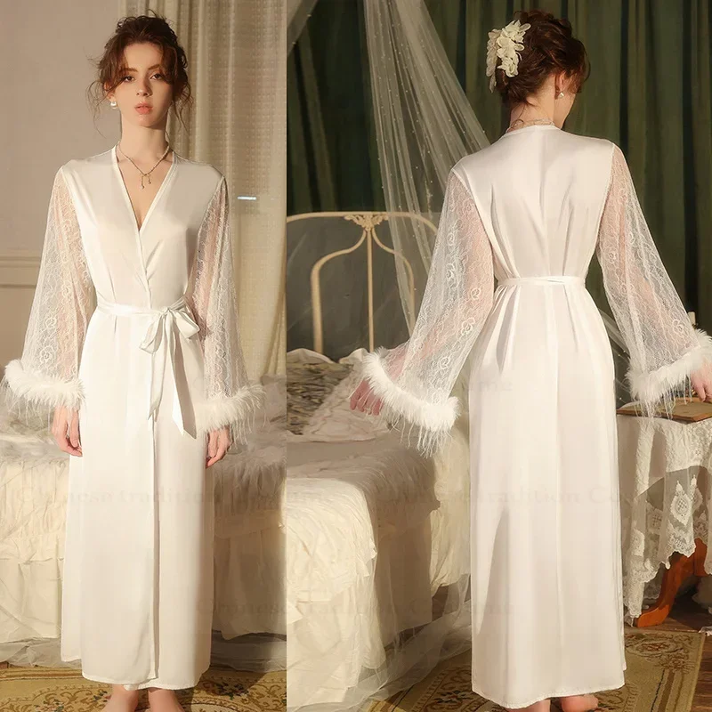 

Сексуальное кимоно, халат, одежда для сна, женский свадебный халат для невесты, длинная ночная рубашка, вискоза, домашняя одежда, милое кимоно с кружевными рукавами, пижамы