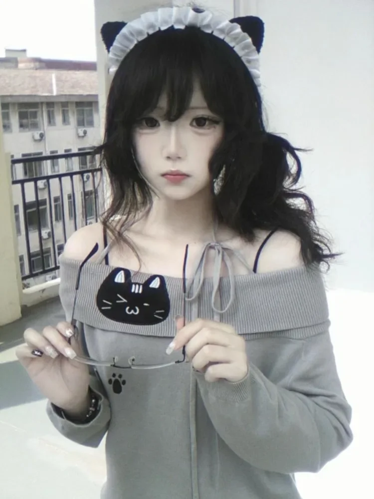 

Милые пуловеры с открытыми плечами и милым котом, тонкие вязаные топы с длинными рукавами, женские облегающие свитера Y2k Mujer