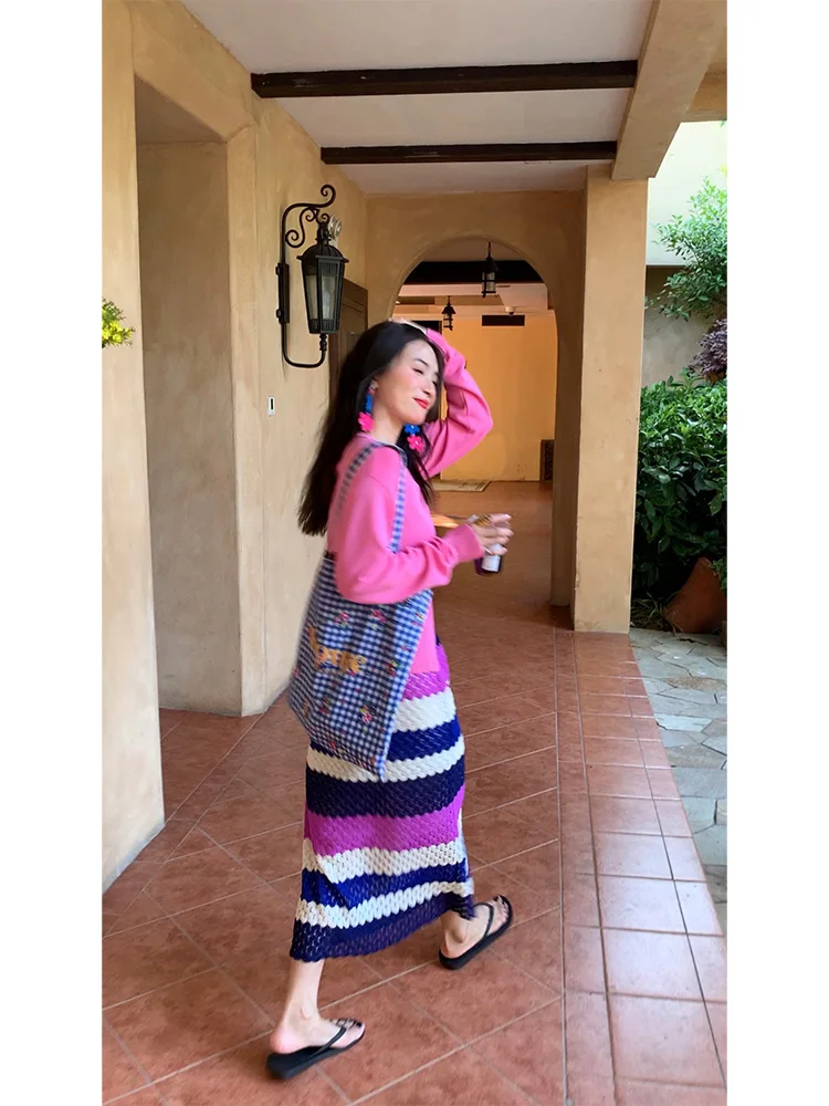 

High Waist Knitted Stripe Skirt Women's Design Sensation Faion Comfortable Breathable Inner Lined A-Line Skirt