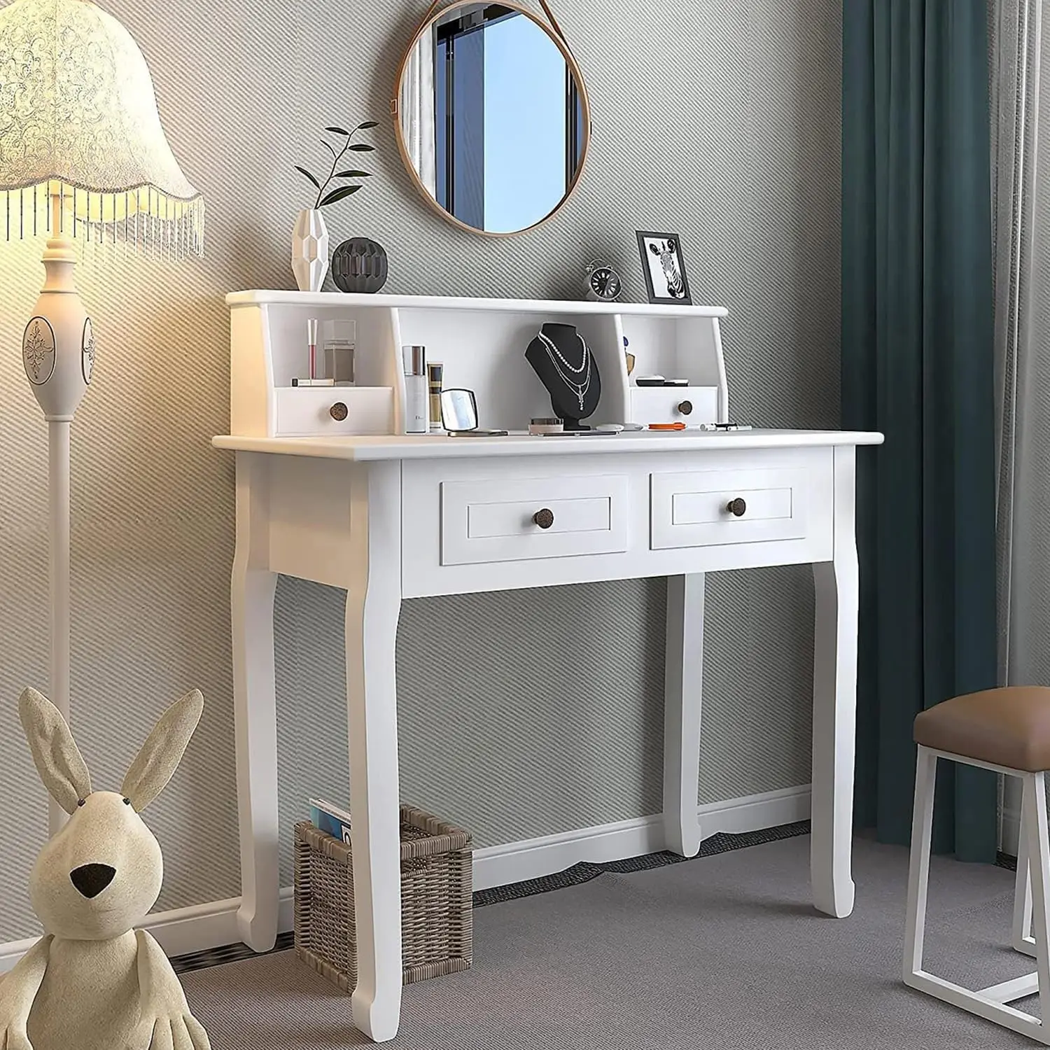 

Small White Writing Desk with Hutch – 32 Home Office Desk with Drawers | Compact Computer Desk, Vanity Makeup Table for B