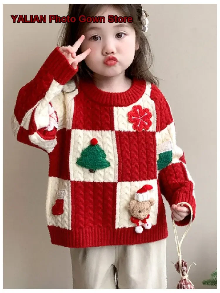 Girls Autumn Winter 2025 Western Style Kids Thickened Festive Sweater Baby Christmas Top