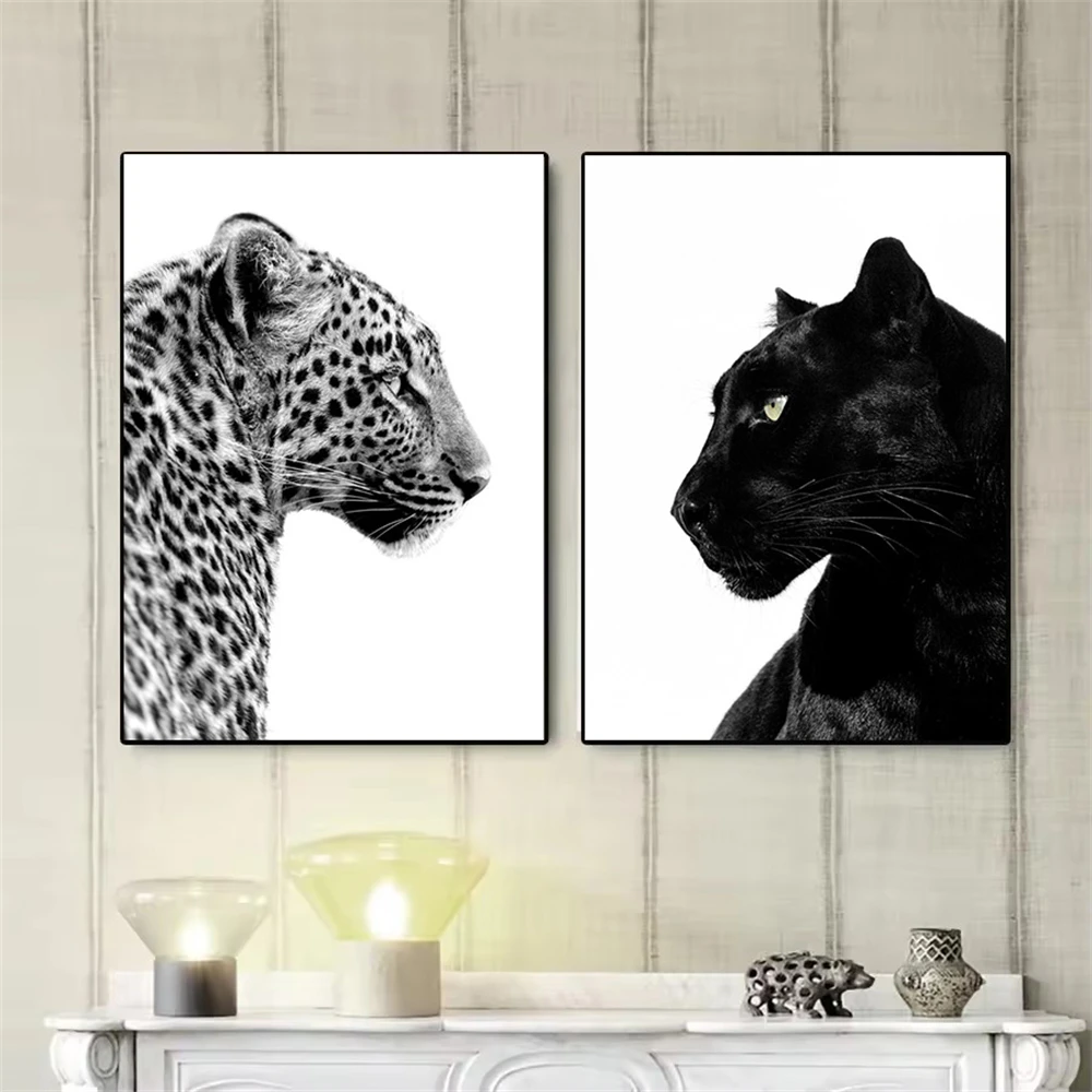 Impresiones artísticas de leopardo y pantera en blanco y negro, pintura en lienzo, póster de animales salvajes, imágenes de pared para decoración del hogar y sala de estar