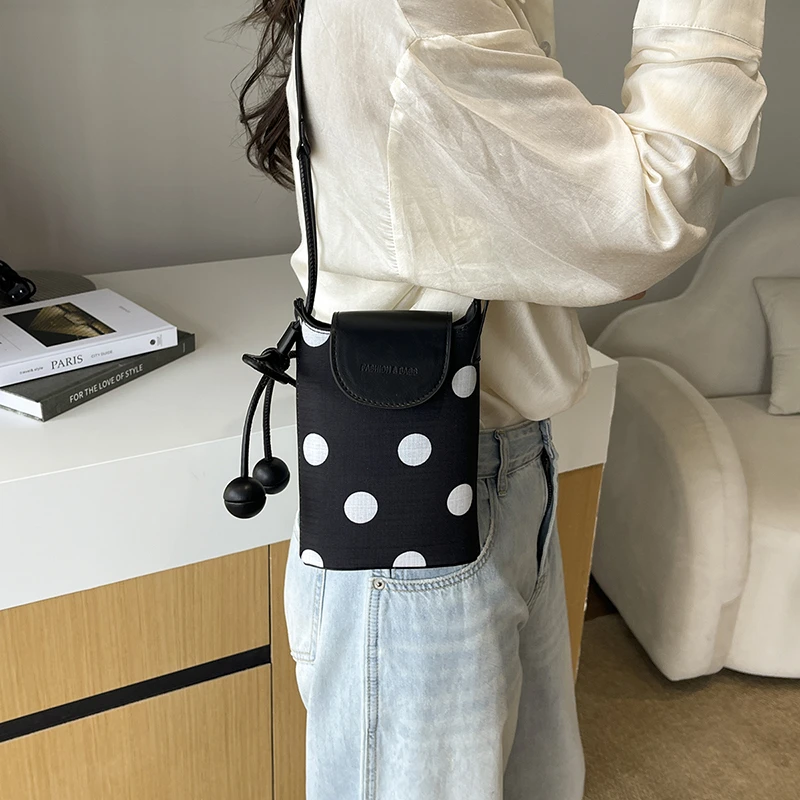 Cute Burgundy Polka Dot Mini Phone Crossbody Bag Women Canvas Leather Splicing Bow Cherry Decor Small Shoulder Mobile Handbag
