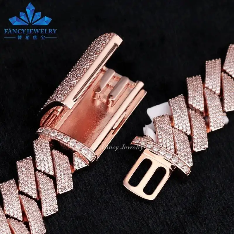 Fashion Custom Made Rose Gold Jewelry Gold Plated Cuban Links DEF Vvs Moissanite Wholesale All Size Round Moissanite Cuban Chain