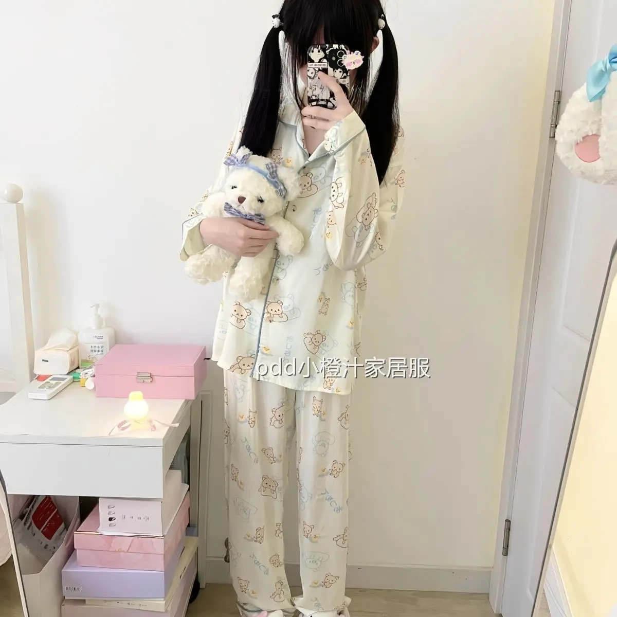 Kawaii Rilakkumas منامة للنساء ربيع الخريف الإنترنت الشهيرة طويلة الأكمام السراويل الطويلة لطيف طالب المنزل مجموعة الفتيات الهدايا اللعب