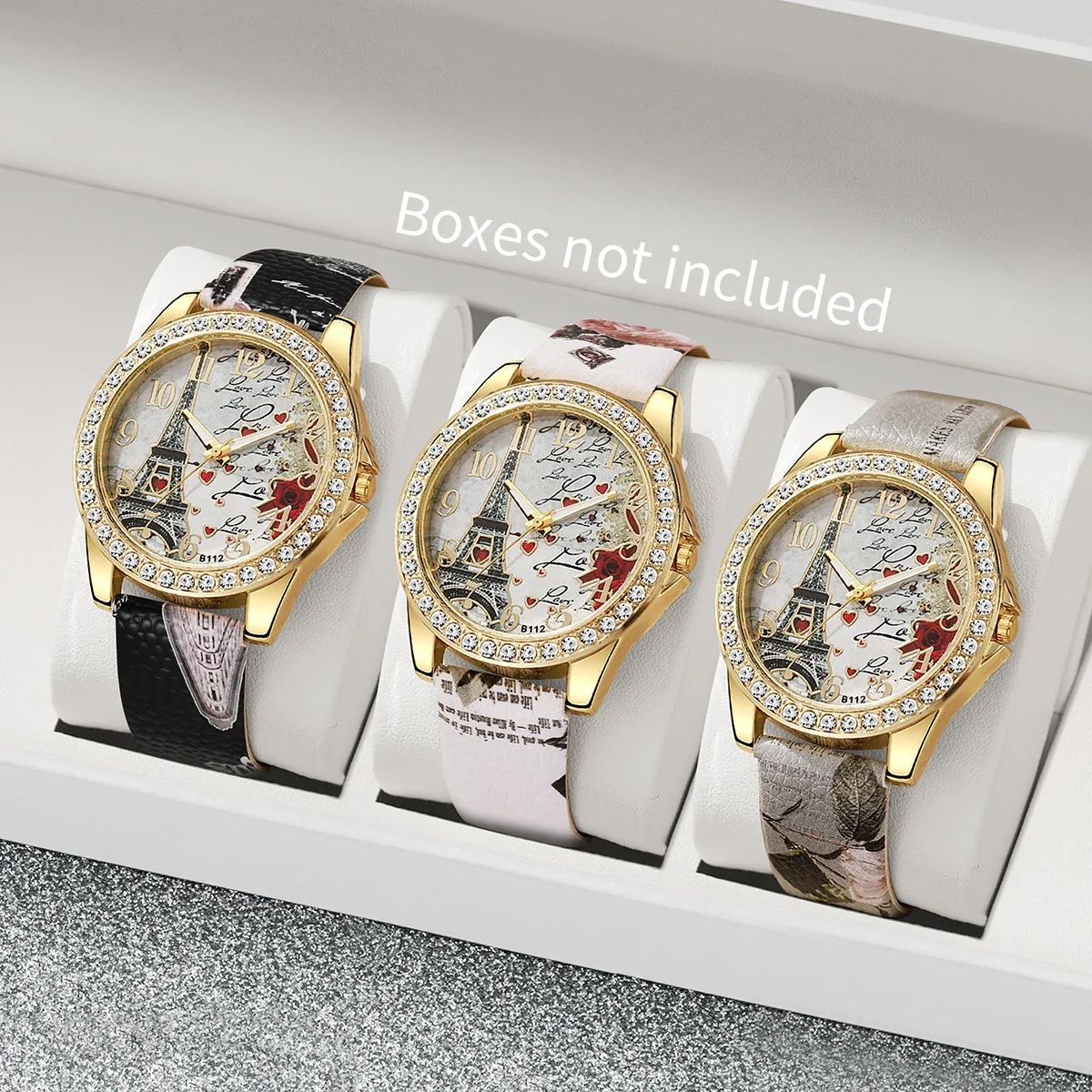 2026Sweet Dating Floral Print Leather Watch Set, 4-in-1 Marble Stone Charm Bracelets & Crystal Wristwatch Gift for Girls