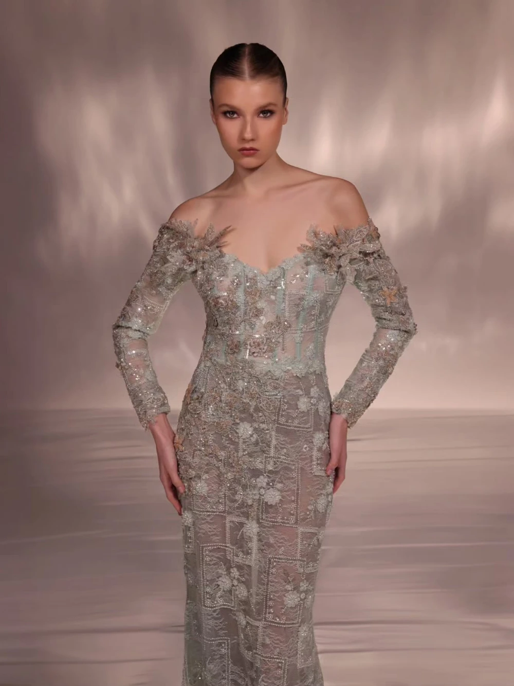 Mint Green Illusion Sparkling Evening Dress Fashionable Beaded Lace Off-the-shoulder Prom Gown Customized Formal Events Wear