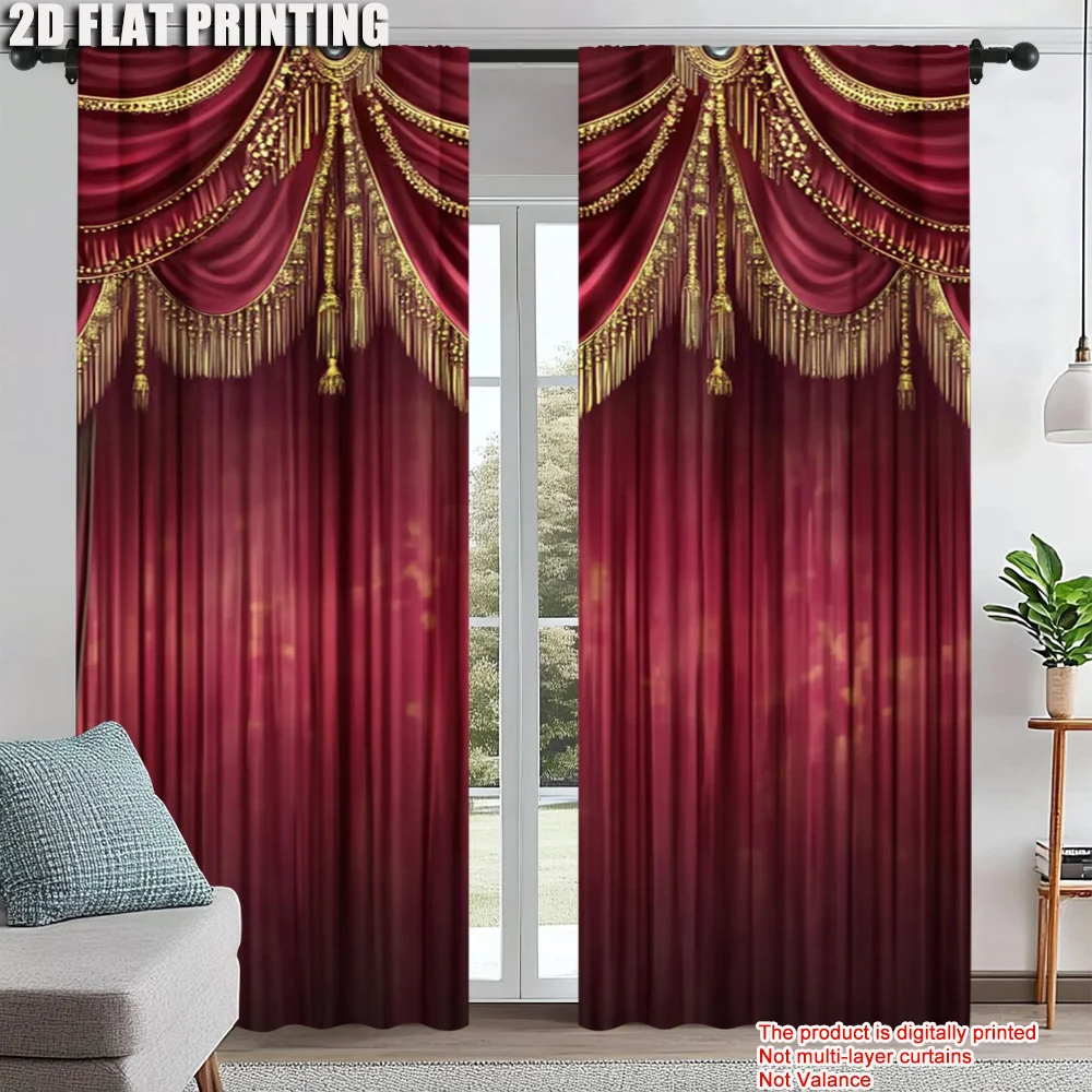 

2Pcs Red Window Curtains Digital Printed Rod Pocket Design For Bedroom Living Room Office Decor Polyester Material Machine