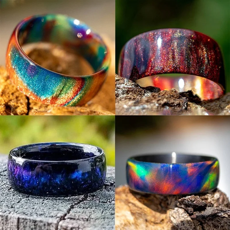 7 Colors Fire Opal Rings for Women White Created Opal Band Carbon Fiber Lining Iridescent Color Changing Opal Ring Jewelry