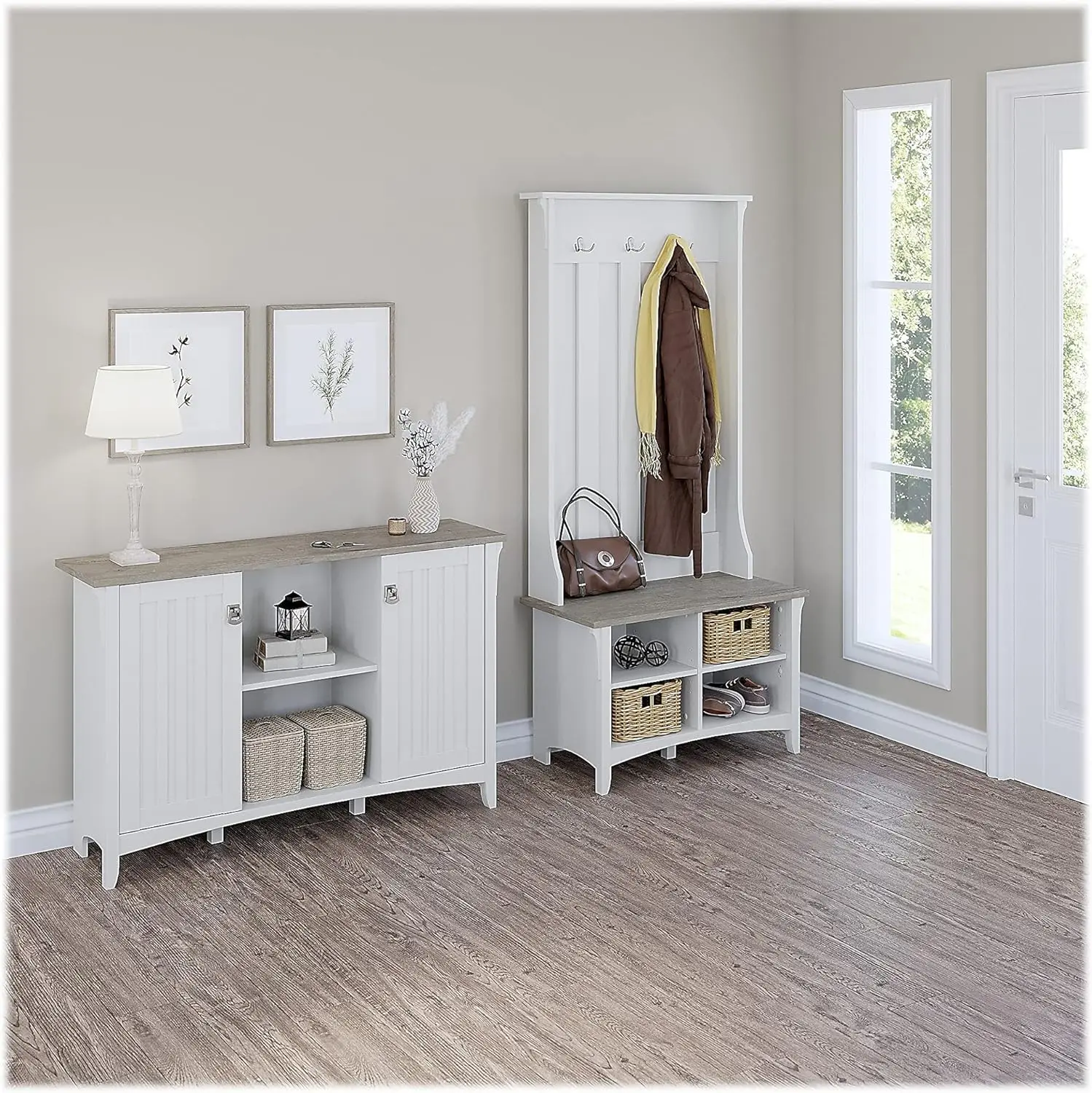 Bush Furniture Salinas Entryway Storage Set with Hall Tree, Shoe Bench and Accent Cabinet in Pure White and Shiplap Gray