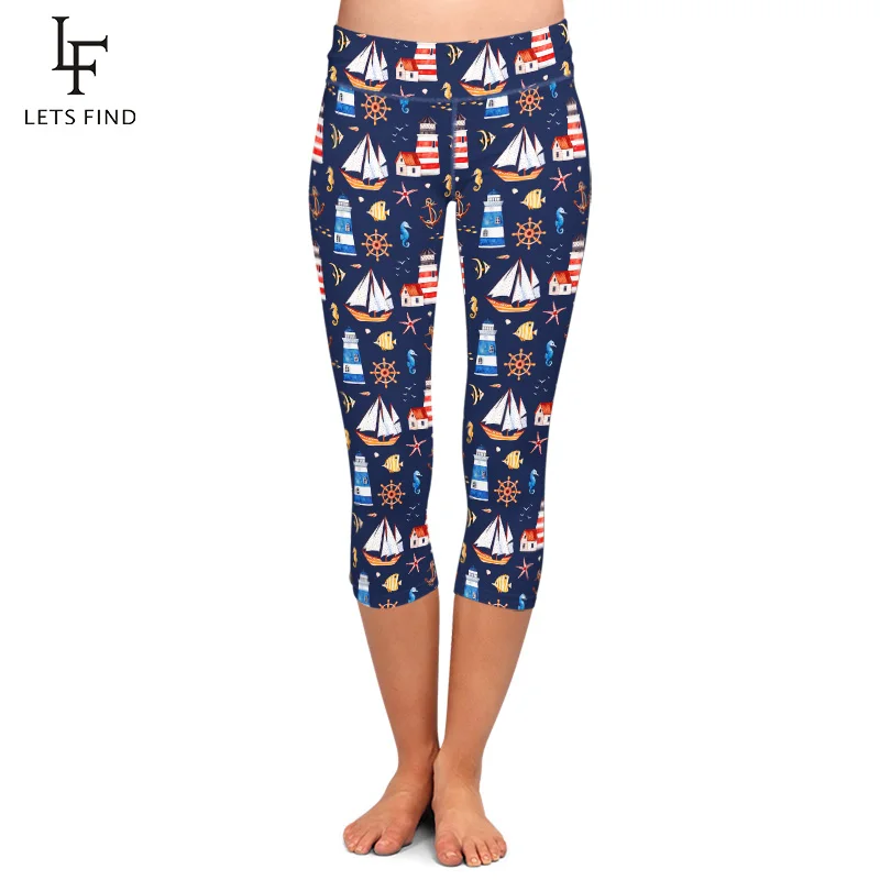 LETSFIND-pantalones Capri sin costuras para mujer, Leggings con estampado Digital de navegación 3D, Leggings informales de cintura alta