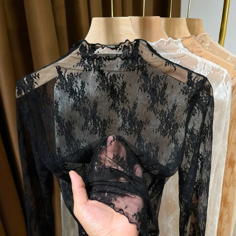 Blus Bordir Bunga Renda Wanita Musim Panas Atasan Wanita Blus Jaring Seksi Kemeja Tembus Pandang Lengan Panjang Elegan Transparan