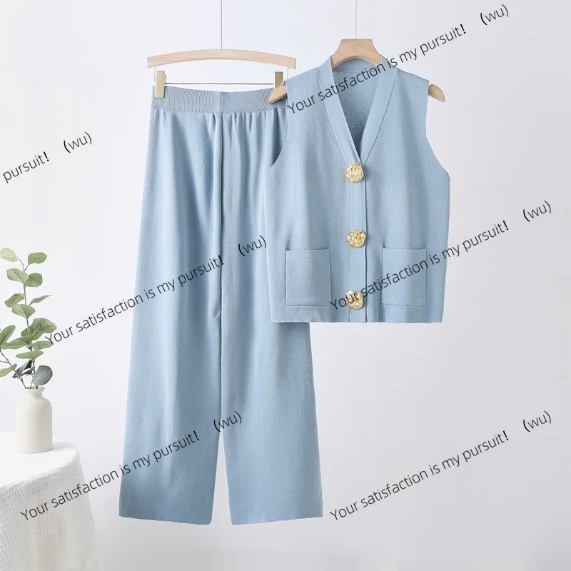

Модный женский летний костюм, новый европейский и американский вязаный топ без рукавов с большими пуговицами, прямые широкие брюки, комплект из двух предметов