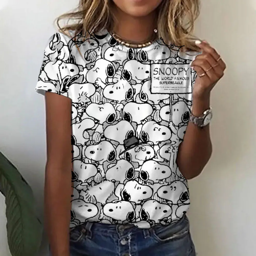 Women V-neck T-shirt Snoopy Print Fashion Y2k Streetwear Summer Short Sleeve Women's Oversized Tshirt Y2K