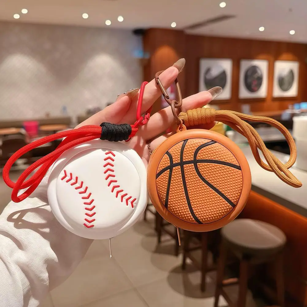 Mini Basketball Shaped Coin Purse Cartoon Sporty Headphone Pouch Waterproof Small Wallet Keyring Bag Charm Gift