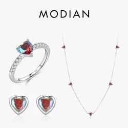 Modian 925 Sterling Silver Rainbow Color CZ Hearts Jewelry Sets Classic Rings Earrings Choker Necklace For Women Wedding Gifts