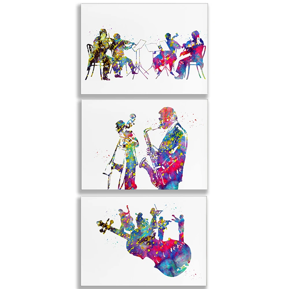 Conductor and baton orchestra, saxophonist, orchestra classical music, saxophone jazz and double bass music watercolor poster