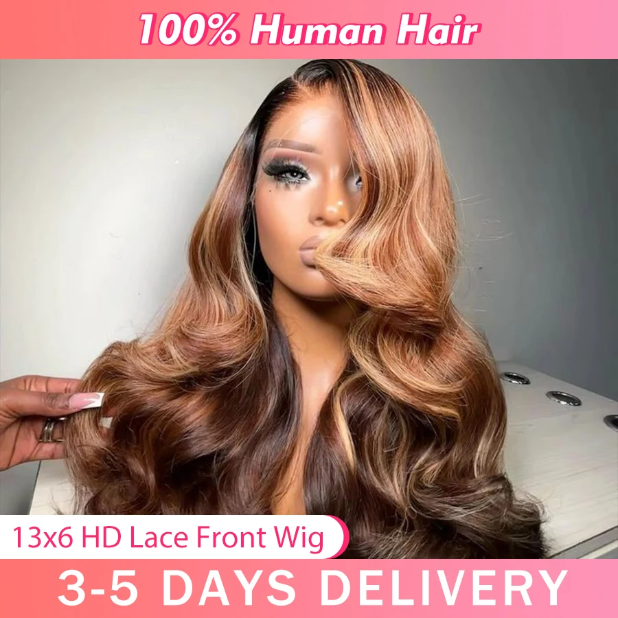 

Body Wave Honey Blonde 13x6 Lace Frontal Wig Human Hair Highlight 40 30 Inch Ombre Brown Colored Wig Brazilian Hair Wigs P4/27
