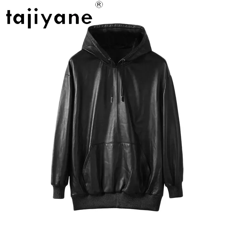 TAJIYANE Black Sheepskin Leather Sweatshirt Coat Genuine Leather Jacket Woman Mid-length Hooded Jackets for Woman Top Loose 자켓